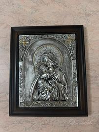 Icona Sacra Madonna e Bambino in argento sbalzato