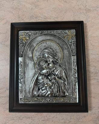 Icona Sacra Madonna e Bambino in argento sbalzato