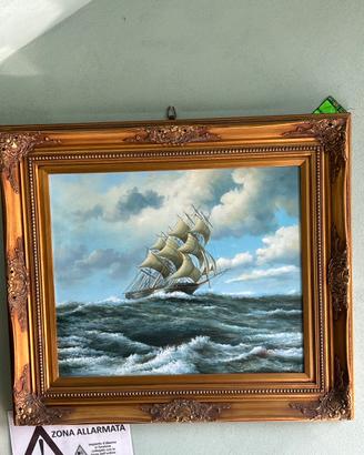 Dipinto olio su tela veliero cornice oro 80x70