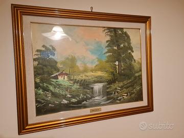 Dipinto Paesaggio di Montagna con Cascata e Baita 