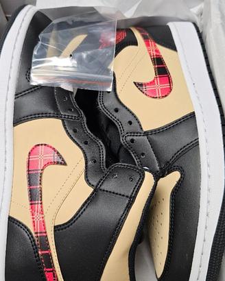 Nike Air Jordan 1 Mid Tartan Swoosh Tan Black Red