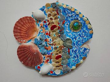 QUADRO FATTO A MANO Conchiglie Corallo Ottone Palm
