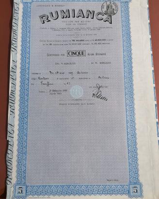 Azione Rumianca 5 - Certificato azionario antico
