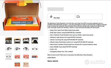 Tesla roadster 1/64 matchbox mattel