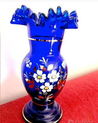 Vaso cristallo blu dipinto a mano