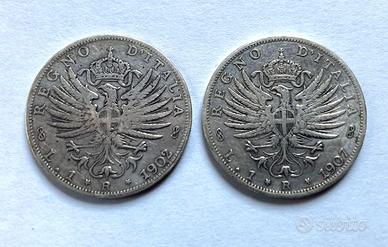 Lotto (2pz) monete Lira 1 "Aquila Sabauda" argento