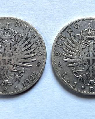 Lotto (2pz) monete Lira 1 "Aquila Sabauda" argento