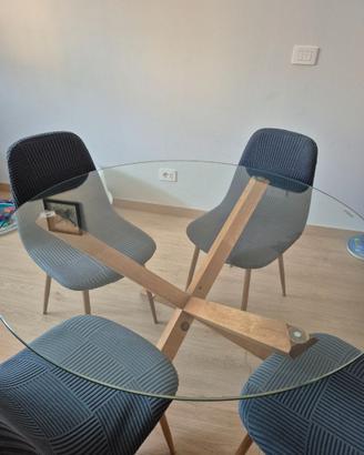 Tavolo di design in vetro e legno + 4 sedie