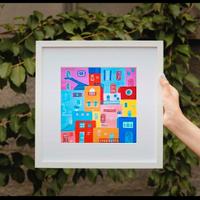 Dipinto tecnica mista olio - gouache Paesino su te