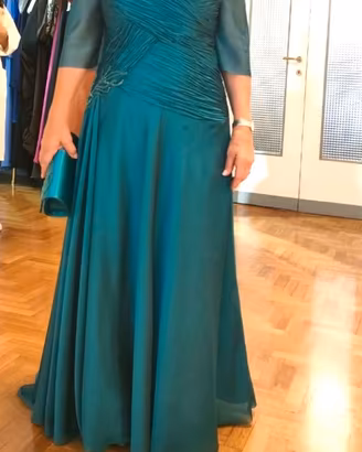 Abito Cerimonia verde petrolio, pochette, scarpe
