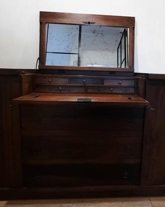 Mobile d'epoca a ribalta con specchiera e cassetti