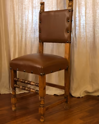 Set di 6 sedie antiche legno intarsiato e pelle