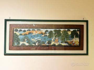 Quadro scena di caccia in stile miniatura indiana