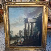 Antico dipinto al olio "paesaggio con rovine e "