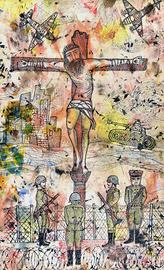 quadro tempera su tela  Gesu' crocifisso 2 volte 