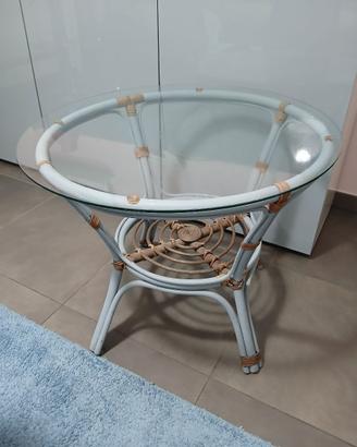 Tavolino Rotondo in Vimini e Rattan Con Piano in V