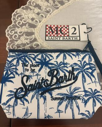 Pochette saint barth con le palme blu e bianca