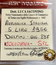 Moneta 5 lire 1956 Delfino Periziata SPL Rara