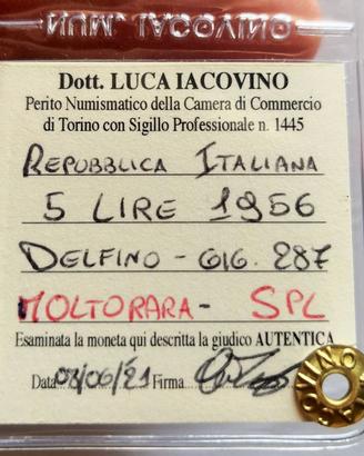Moneta 5 lire 1956 Delfino Periziata SPL Rara