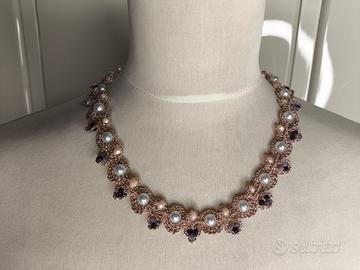 Collana artigianale crochet con perle e cristalli