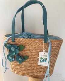 Borsa shopper in paglia fiori ecopelle