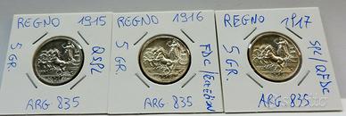 Serie 3 monete argento regno d' italia 1 lire quad