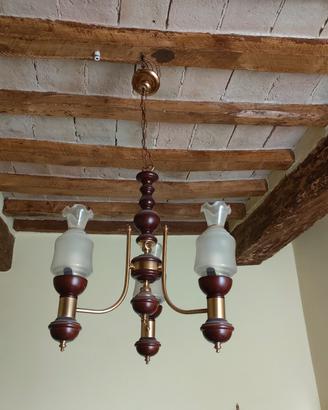 lampadario tre luci in legno e vetro 