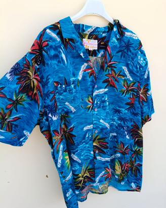 Camicia Hawaiana Uomo Fantasia Tropicale Blu Vinta
