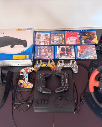ps4 slim+ accessori+giochi+ volante e pedaliera