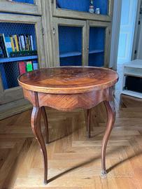 Tavolino rotondo antico intarsiato in legno