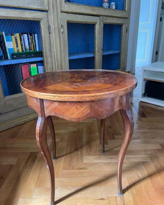 Tavolino rotondo antico intarsiato in legno