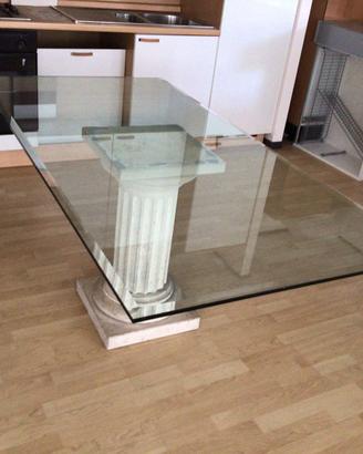 TAVOLO VETRO CON BASAMENTO TRAVERTINO