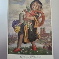 Cartolina vintage BAMBINA CON BOCCALE DI BIRRA