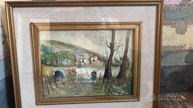 Quadro paesaggio rurale con ponte e fiume