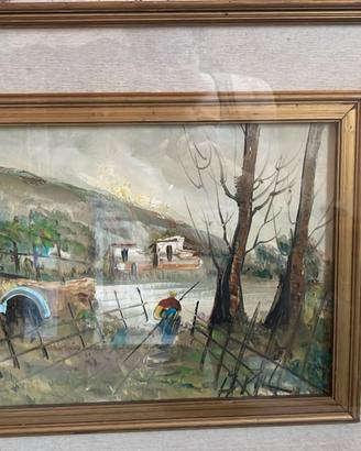 Quadro paesaggio rurale con ponte e fiume