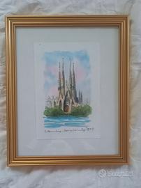 Acquerello Cattedrale Sagrada Familia di Barcellon