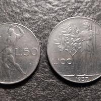 50 Lire Vulcano e 100 Lire Minerva 1957 Italia