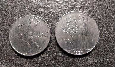 50 Lire Vulcano e 100 Lire Minerva 1957 Italia
