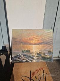 Dipinto olio su tela Barche con tramonto 