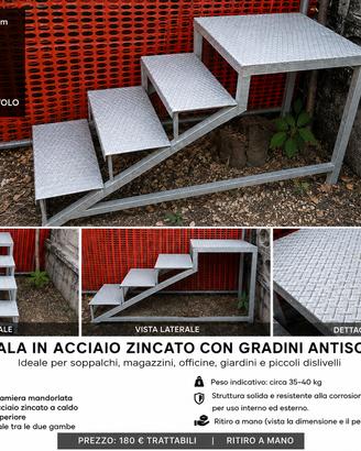 Scala in acciaio zincato con 4 gradini antiscivolo