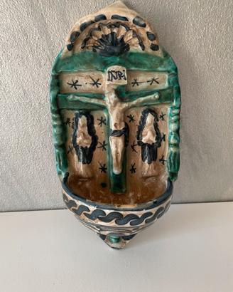 Antica Acquasantiera da parete in ceramica
