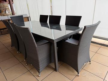 TAVOLO DA ESTERNO CON VETRO + 8 SEDIE CON CUSCINO