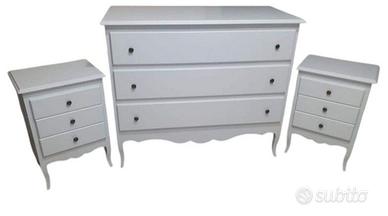 gruppo comò e 2 comodini bianco laccato  shabby