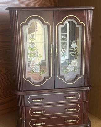 Portagioie vintage in  legno con vetri decorati