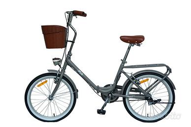 bicicletta pieghevole marrone con cestino grigio 