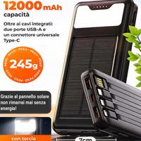 Power Bank Solare 12000 mAh USB 4 Cavi integrati +