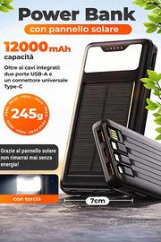 Power Bank Solare 12000 mAh USB 4 Cavi integrati +