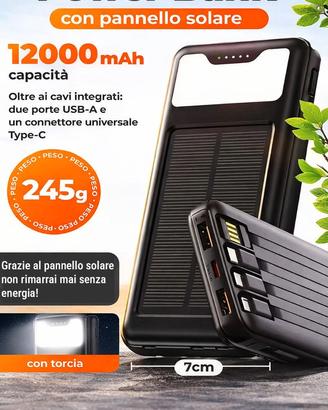 Power Bank Solare 12000 mAh USB 4 Cavi integrati +