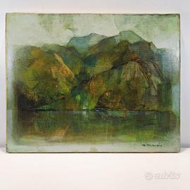 Dipinto olio su tela raff. un paesaggio lacustre