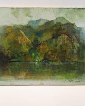 Dipinto olio su tela raff. un paesaggio lacustre